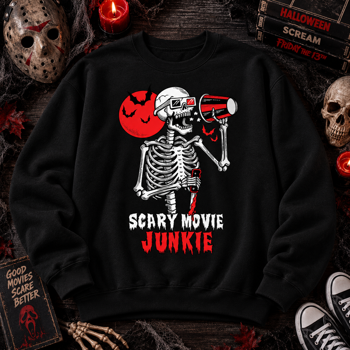 Funny Skeleton Graphic Tee Scary Movie Night Sweatshirt