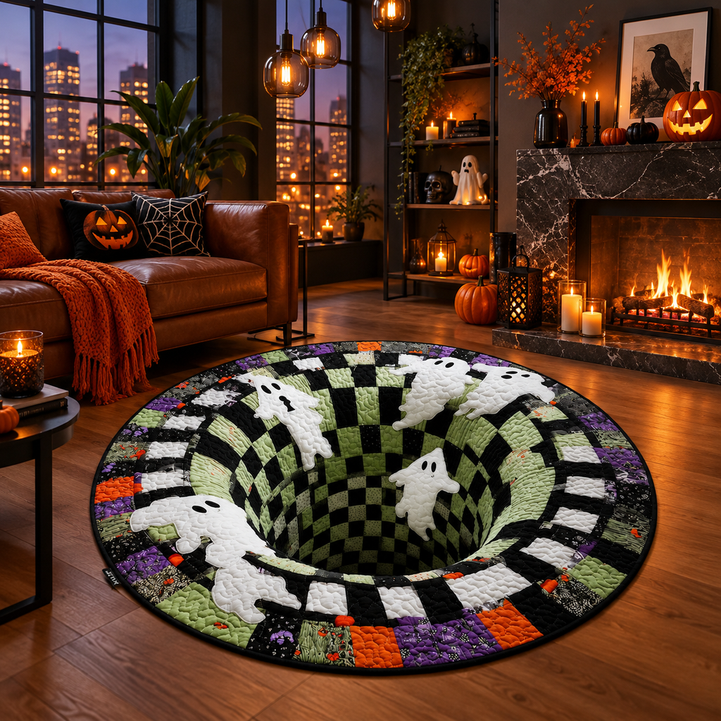 Halloween 3D Optical Illusion Round Rug – Creepy Ghosts & Jack-O'-Lanterns