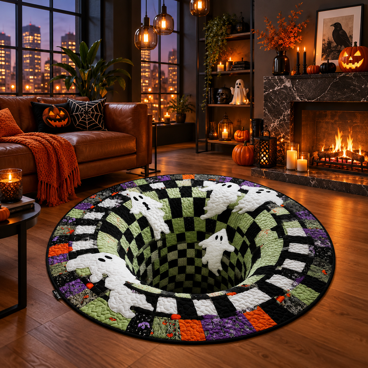 Halloween 3D Optical Illusion Round Rug – Creepy Ghosts & Jack-O'-Lanterns