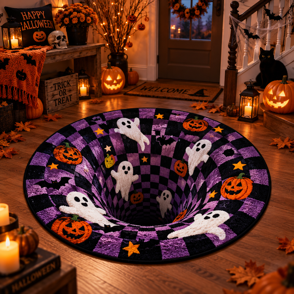 Halloween 3D Optical Illusion Round Rug – Creepy Ghosts & Jack-O'-Lanterns