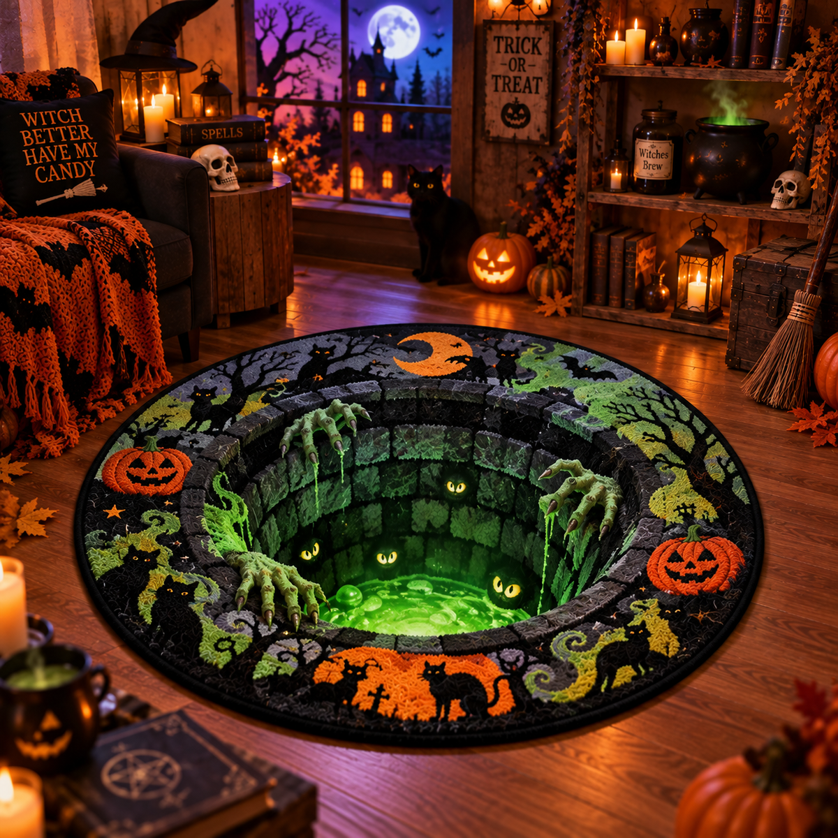 Mystical 3D Hole Illusion Velvet Rug – Haunted Library & Glowing Well