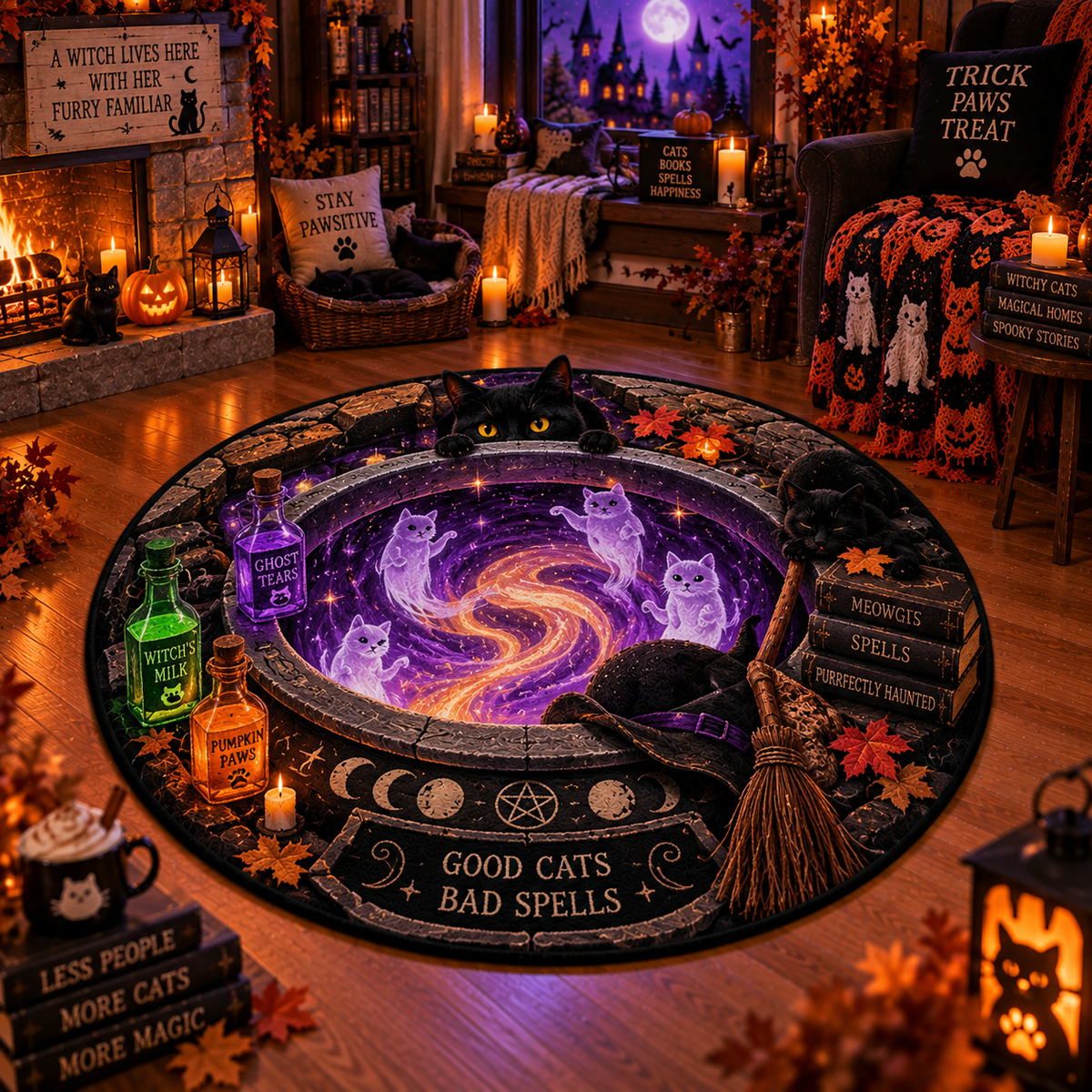Witchy Black Cat & Spirit Board Halloween Round Rug – Velvet Decor