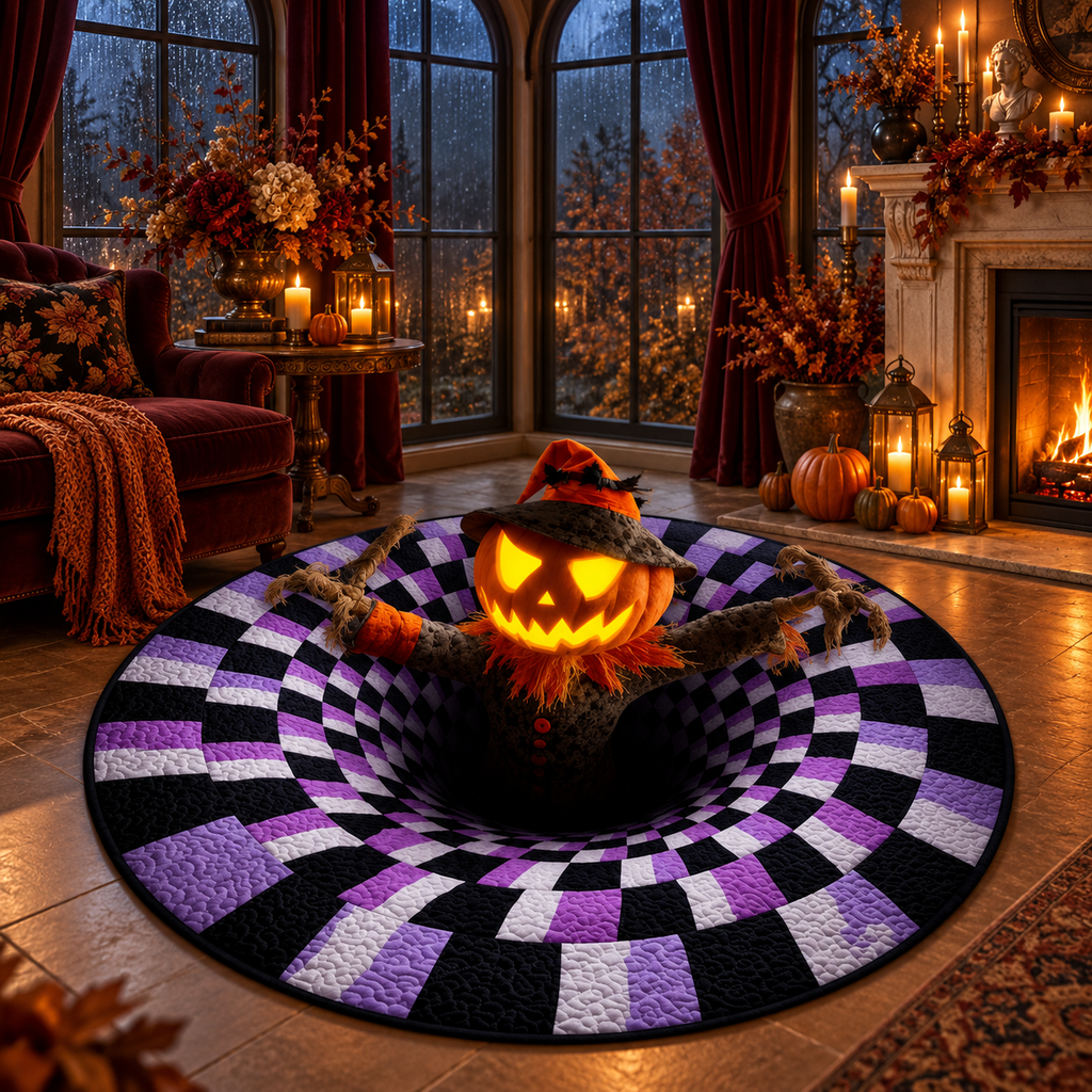 Halloween 3D Optical Illusion Round Rug – Creepy Ghosts & Jack-O'-Lanterns
