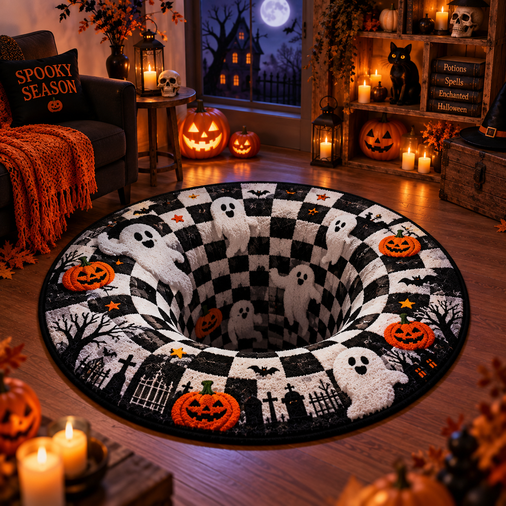 Halloween 3D Optical Illusion Round Rug – Creepy Ghosts & Jack-O'-Lanterns