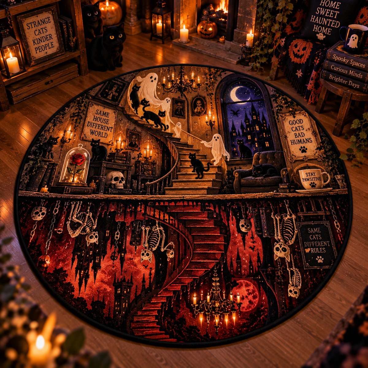 Gothic Black Cat & Multidimensional 3D Illusion Round Rug