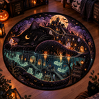 Whimsical Ghost Cat & Spectral Train 3D Halloween Round Rug