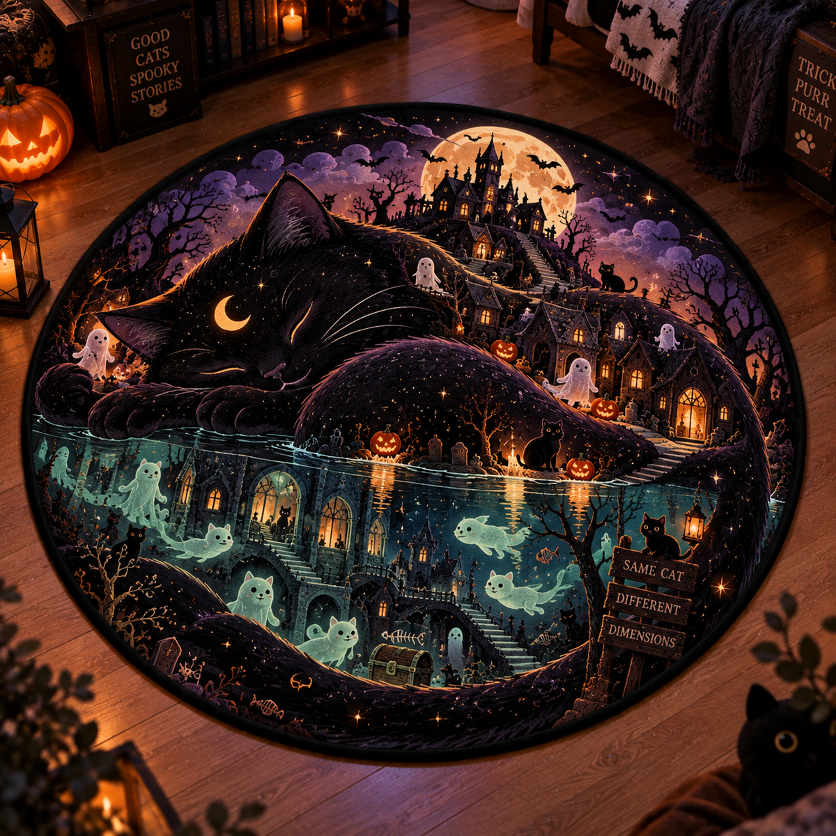Whimsical Ghost Cat & Spectral Train 3D Halloween Round Rug