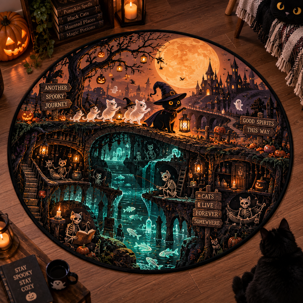 Whimsical Ghost Cat & Spectral Train 3D Halloween Round Rug