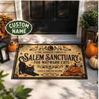 Personalized Vintage Salem Sanctuary Black Cat Halloween Doormat