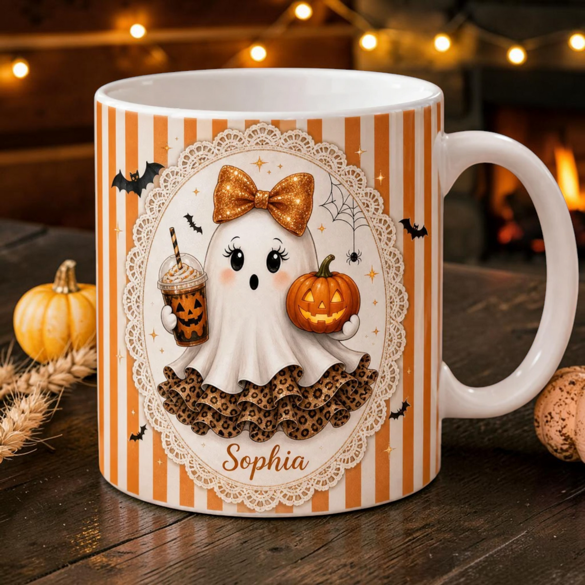 Personalized Coquette Ghost Mug Cute Leopard Print Halloween Cup