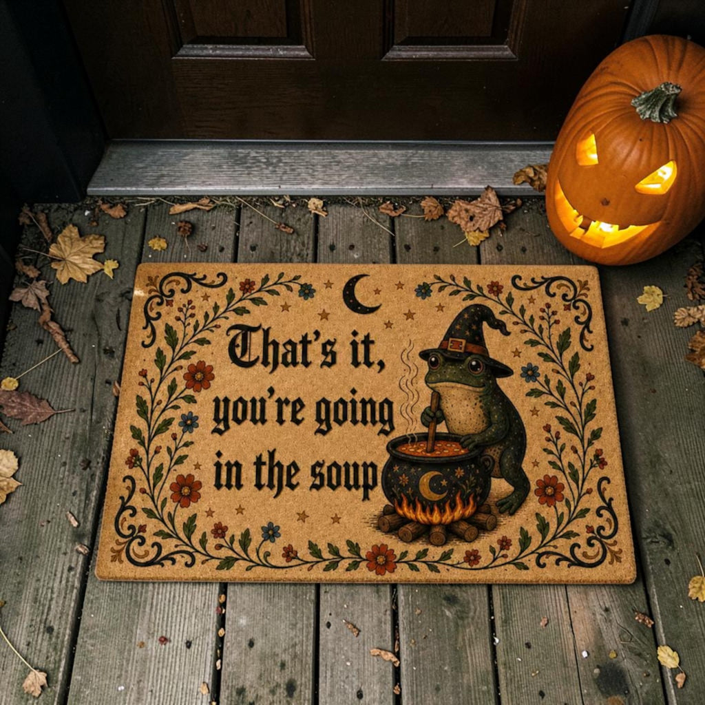Funny Witch Frog Making Soup Fall Halloween Welcome Doormat