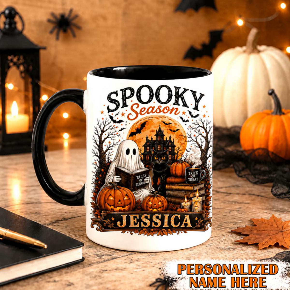 Personalized Spooky Season Mug Ghost & Black Cat Halloween Cup