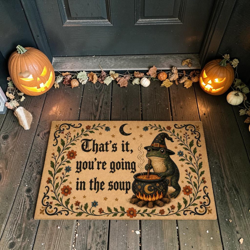 Funny Witch Frog Making Soup Fall Halloween Welcome Doormat