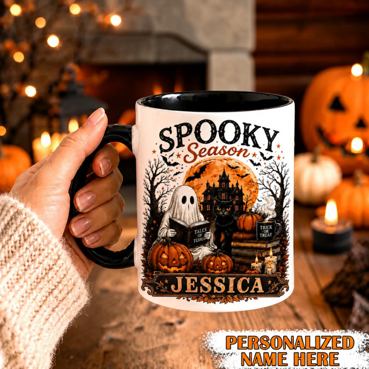 Personalized Spooky Season Mug Ghost & Black Cat Halloween Cup