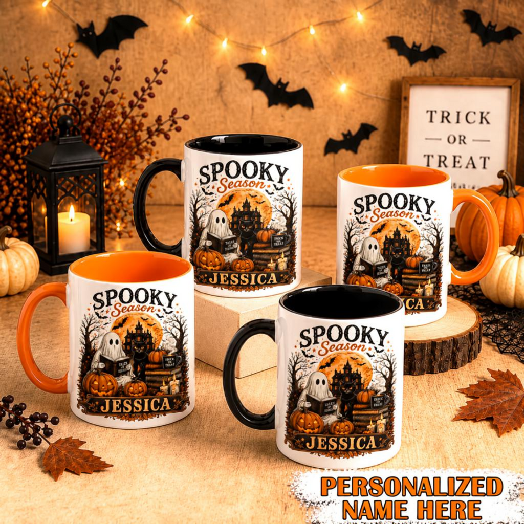 Personalized Spooky Season Mug Ghost & Black Cat Halloween Cup