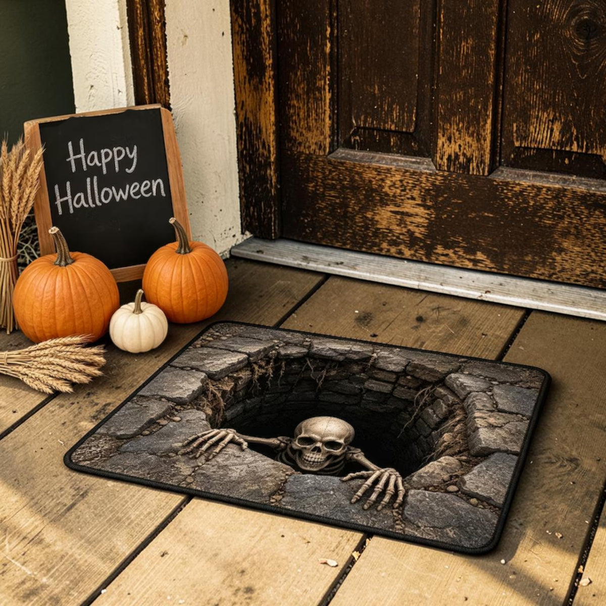 Scary 3D Skeleton Crawling Out Of Stone Hole Doormat