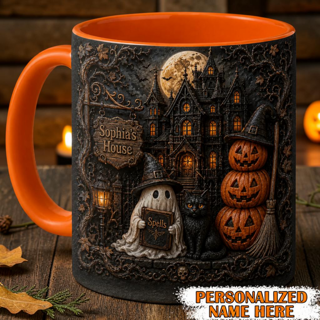 Personalized Haunted House Halloween Mug Gothic Ghost & Cat Cup