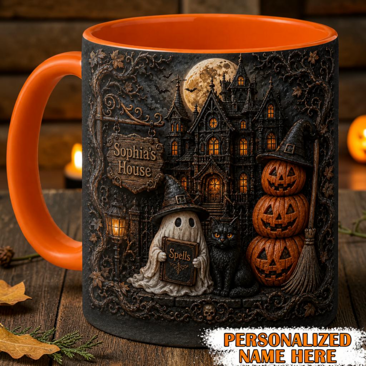 Personalized Haunted House Halloween Mug Gothic Ghost & Cat Cup