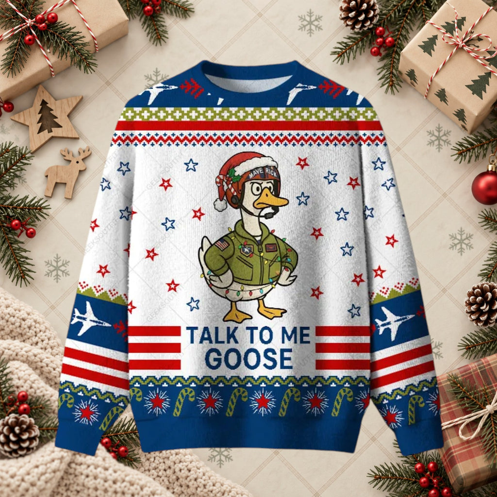 Talk To Me Goose Aviator Pilot Ugly Christmas Sweater