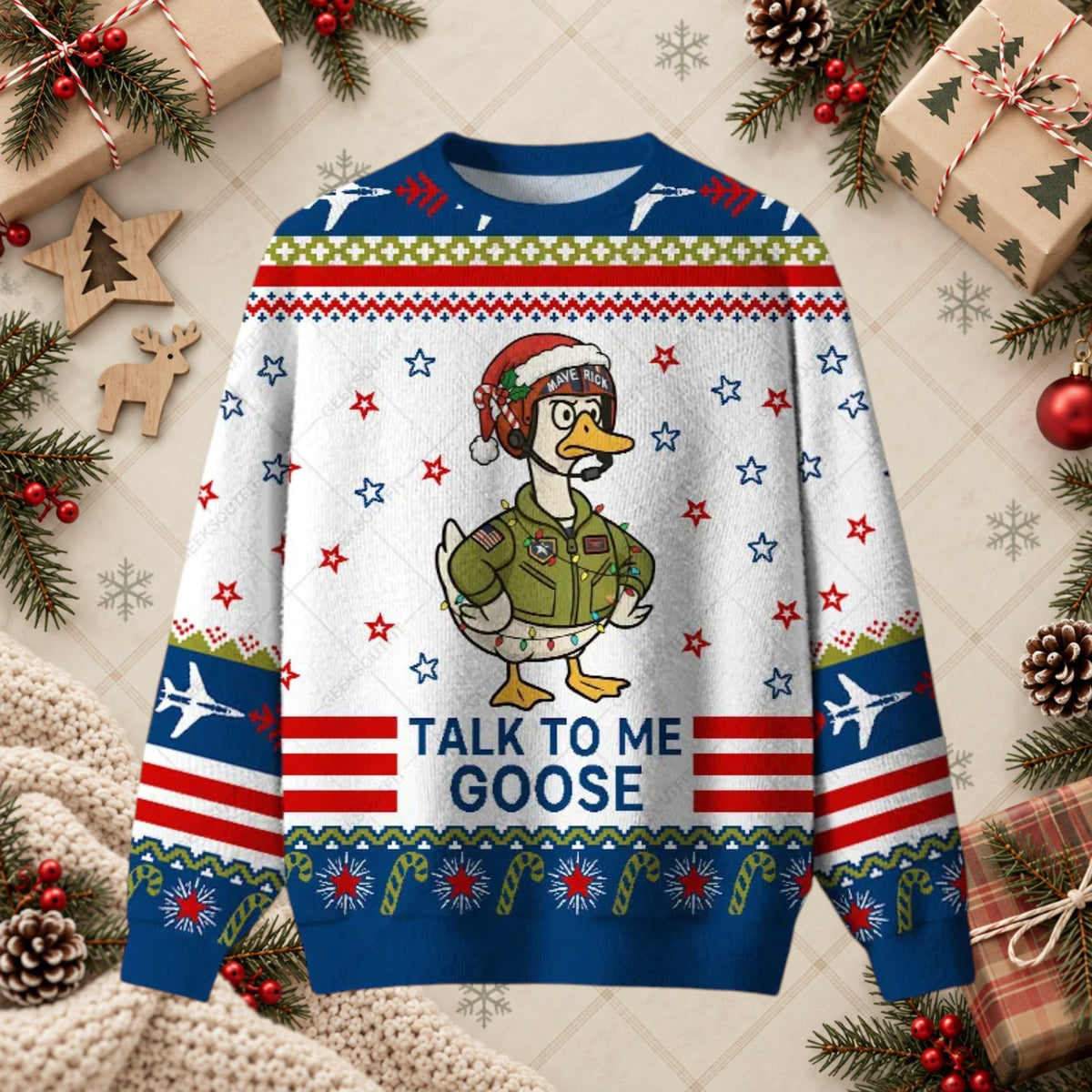 Talk To Me Goose Aviator Pilot Ugly Christmas Sweater