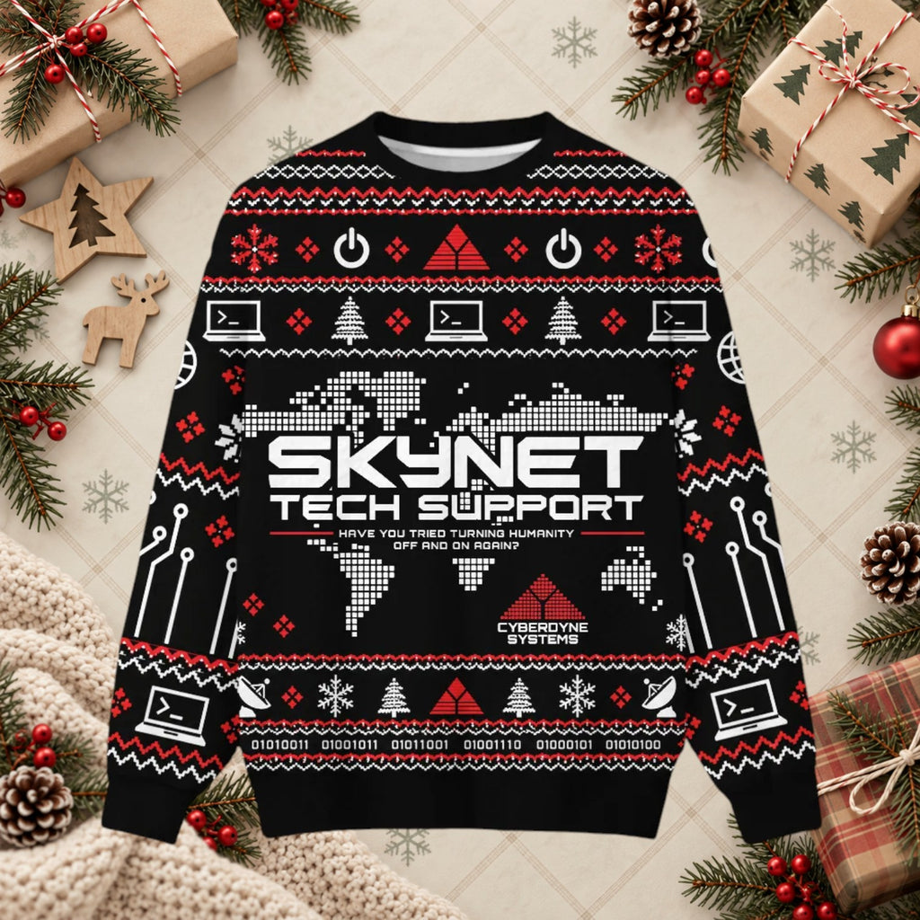 Skynet Tech Support Cyberdyne Ugly Christmas Sweater - Sci-Fi Geek Holiday Sweatshirt