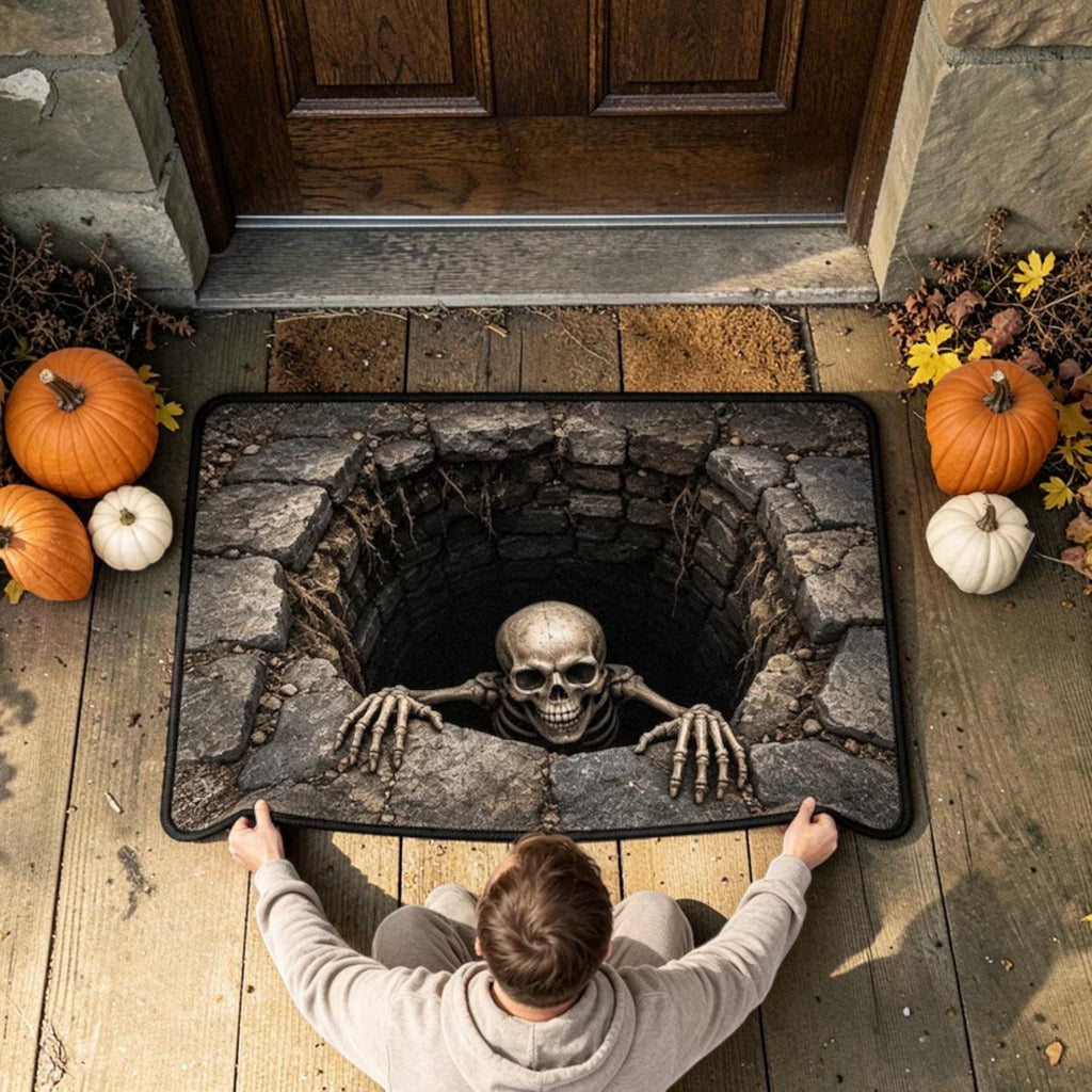 Scary 3D Skeleton Crawling Out Of Stone Hole Doormat