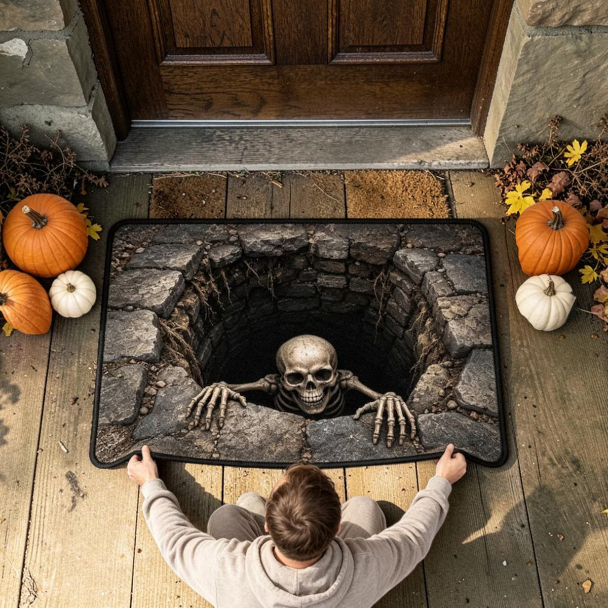 Scary 3D Skeleton Crawling Out Of Stone Hole Doormat