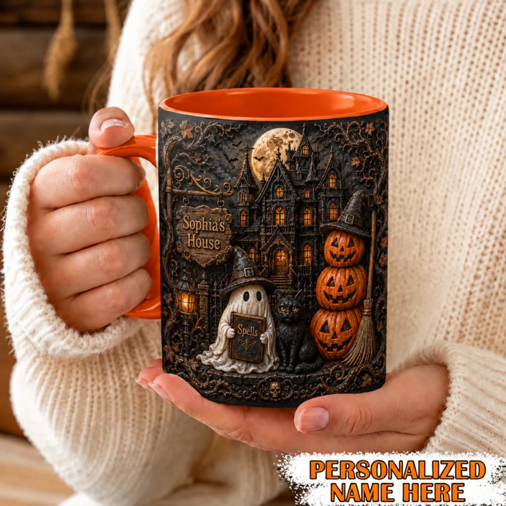 Personalized Haunted House Halloween Mug Gothic Ghost & Cat Cup