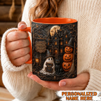Personalized Haunted House Halloween Mug Gothic Ghost & Cat Cup