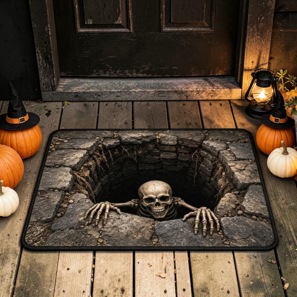 Scary 3D Skeleton Crawling Out Of Stone Hole Doormat