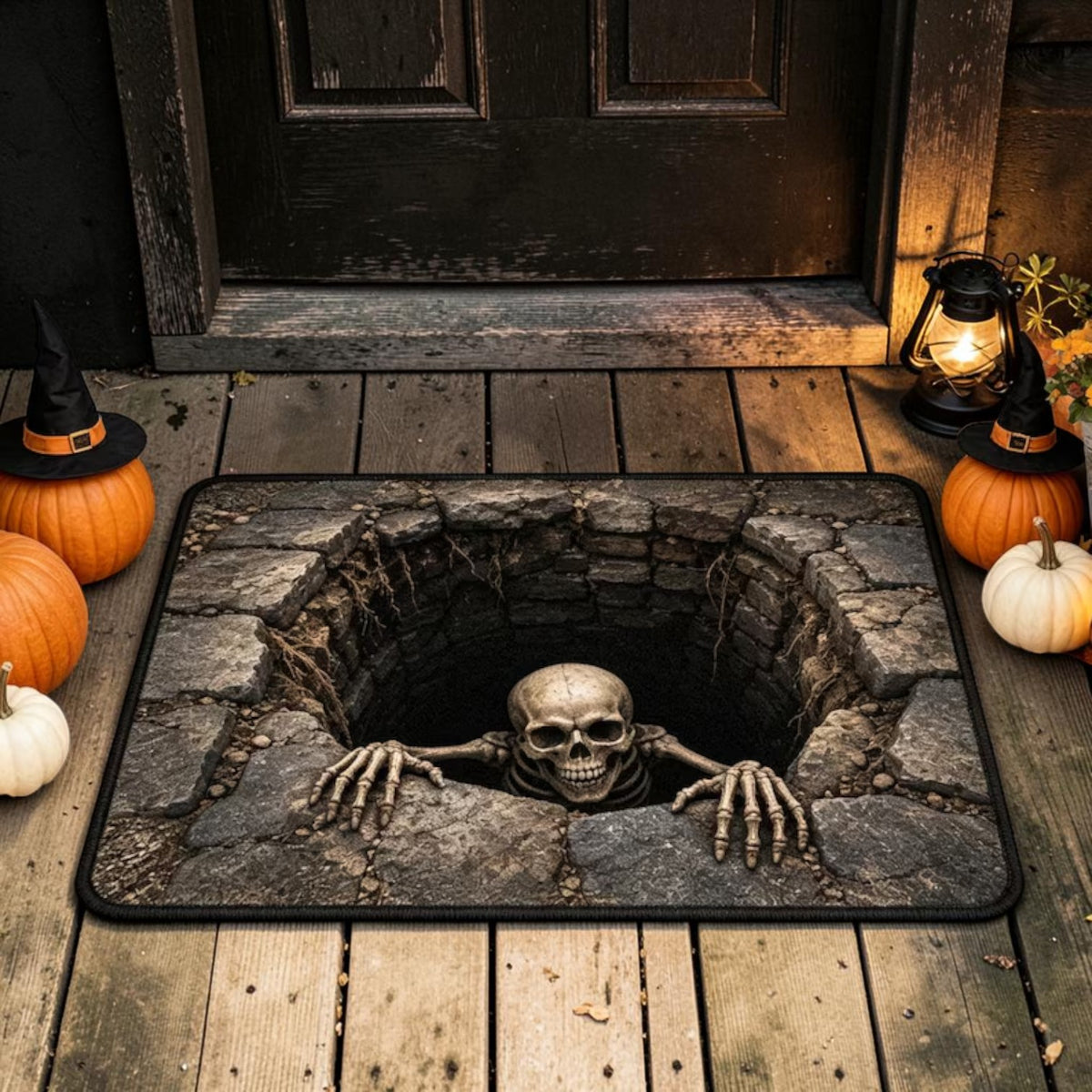 Scary 3D Skeleton Crawling Out Of Stone Hole Doormat