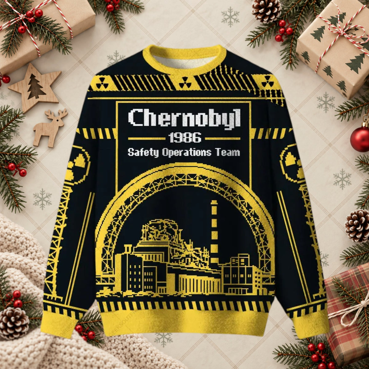 Chernobyl 1986 Reactor Graphic Ugly Christmas Sweater - Black & Gold Retro Sci-Fi Holiday Shirt