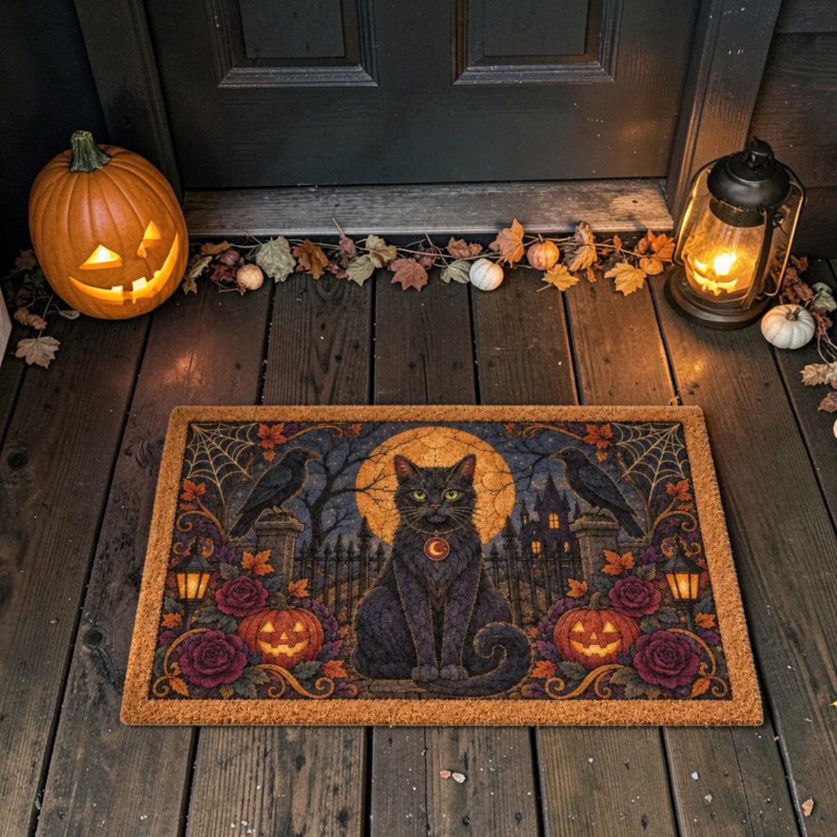 Vintage Black Cat Ravens Pumpkins Full Moon Halloween Doormat