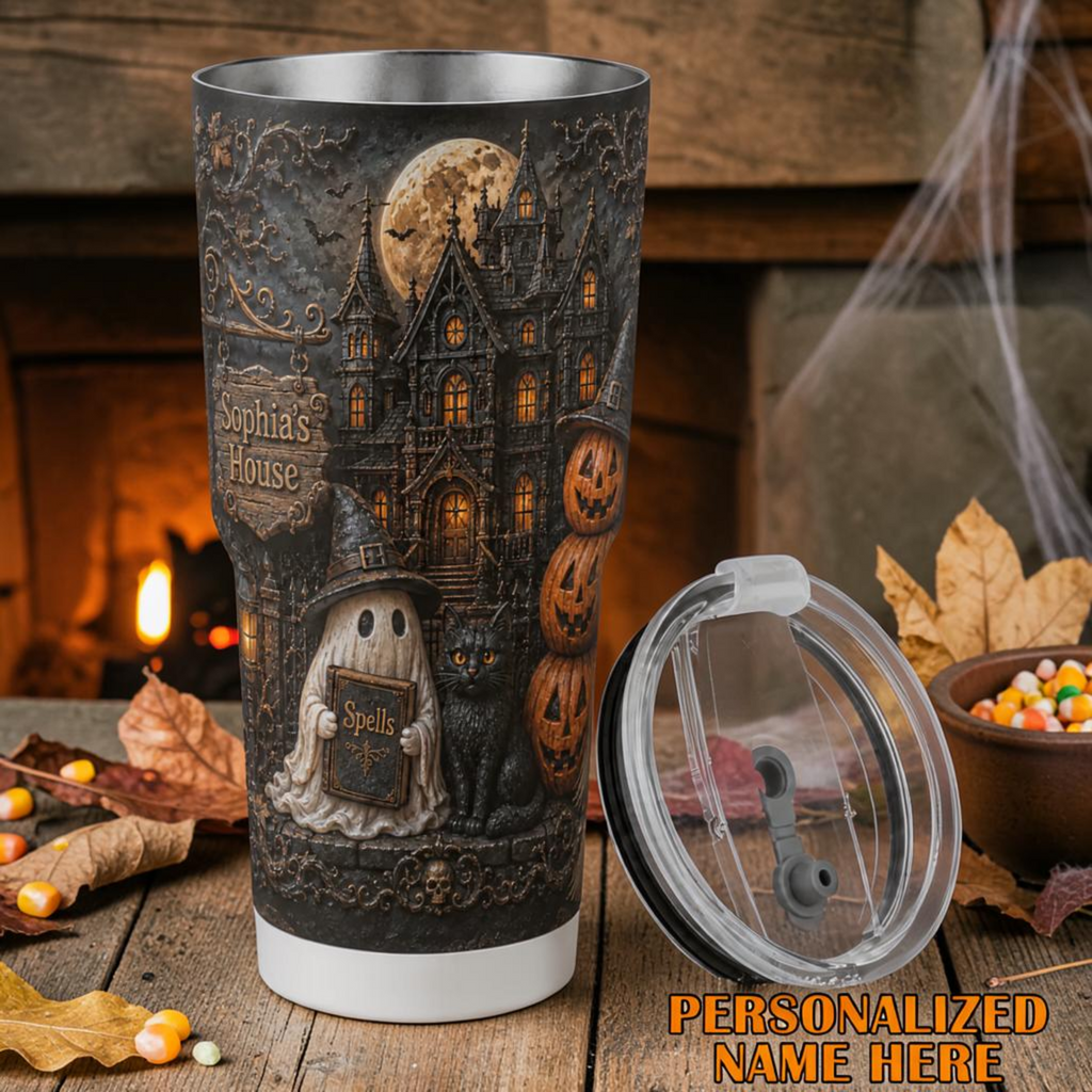 Personalized Haunted House Halloween Mug Gothic Ghost & Cat Cup