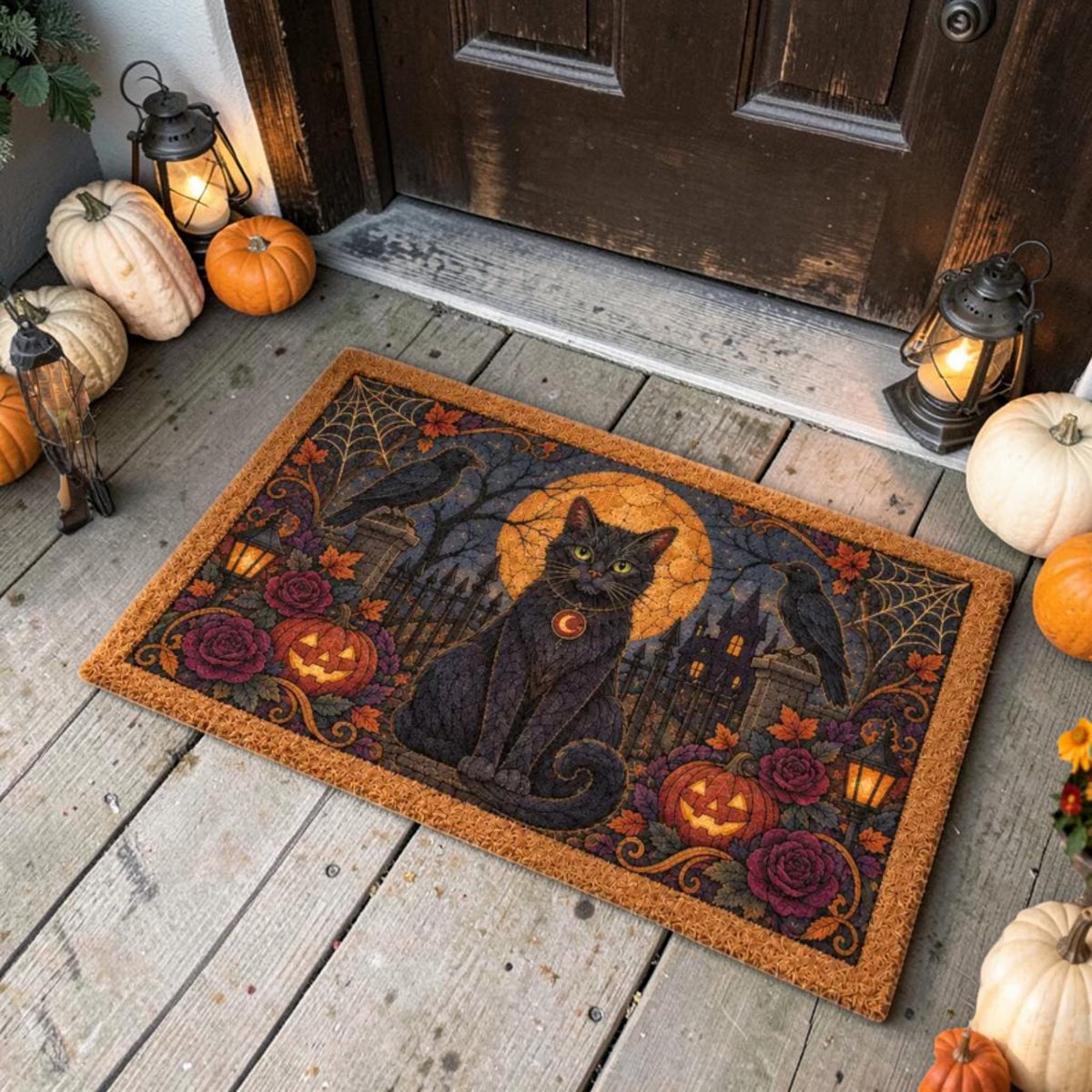 Vintage Black Cat Ravens Pumpkins Full Moon Halloween Doormat