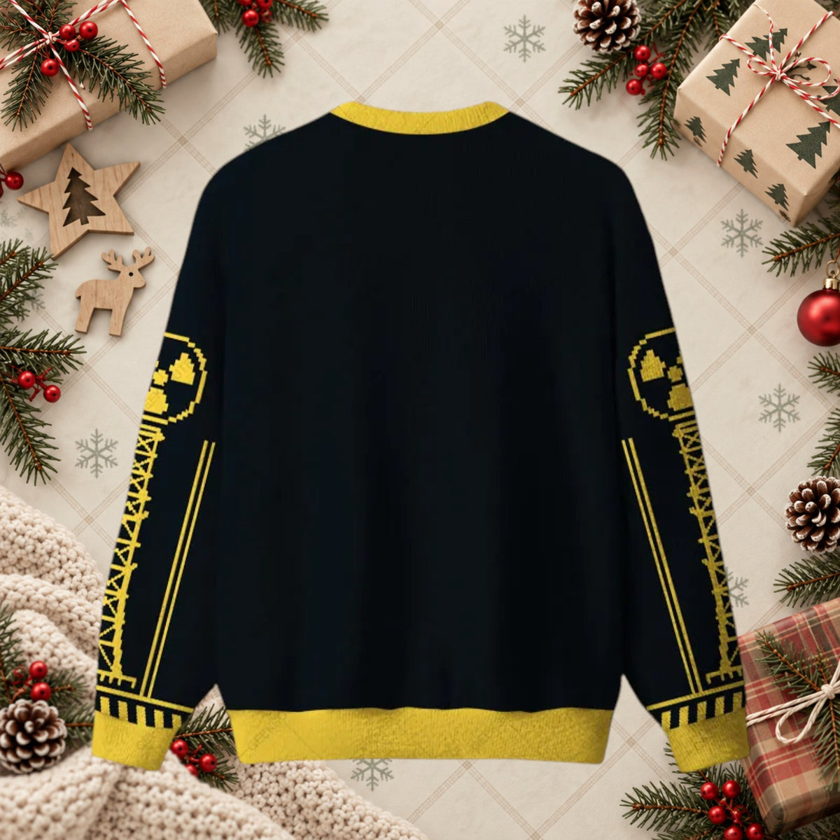 Chernobyl 1986 Reactor Graphic Ugly Christmas Sweater - Black & Gold Retro Sci-Fi Holiday Shirt