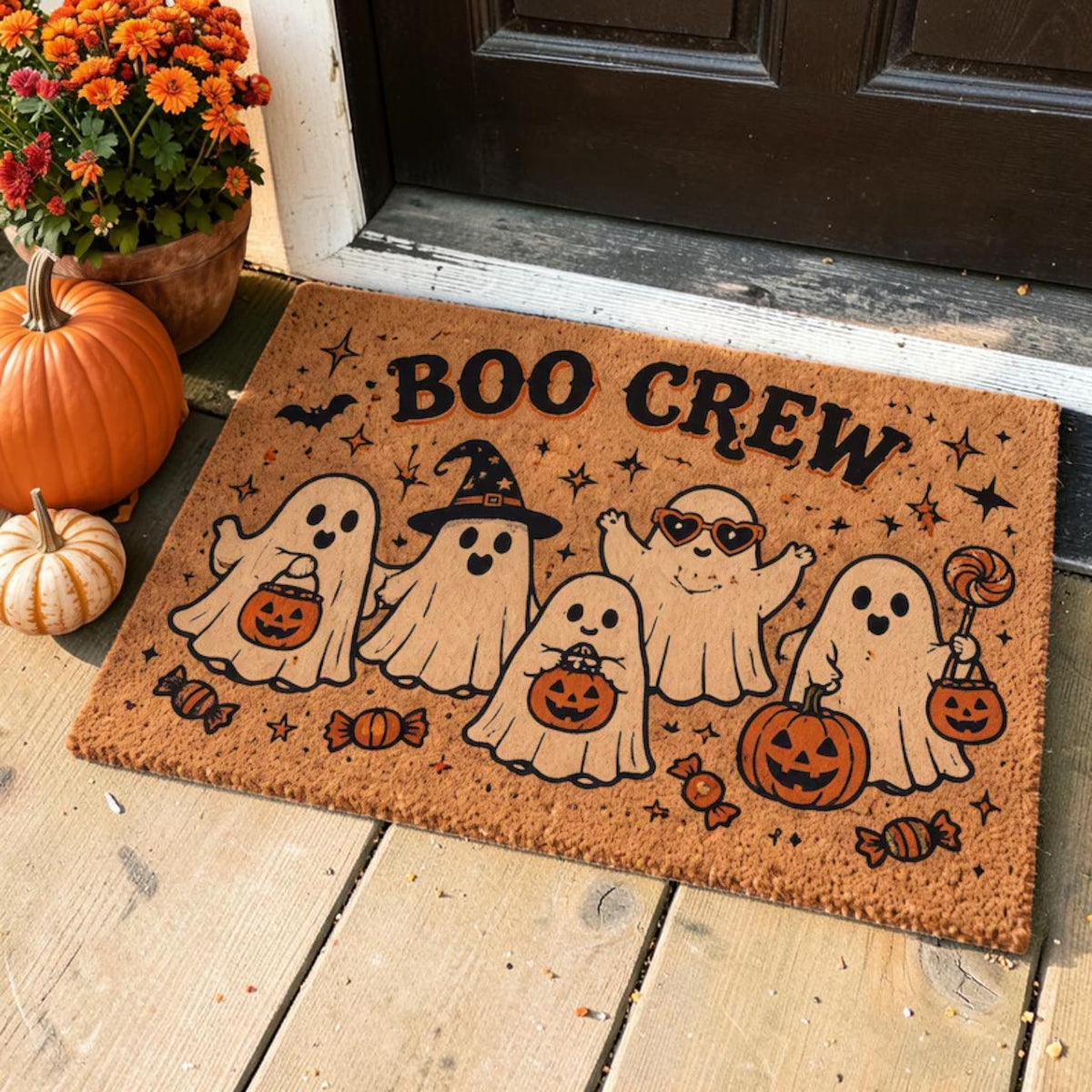 Cute Boo Crew Ghost Family Trick or Treat Halloween Doormat