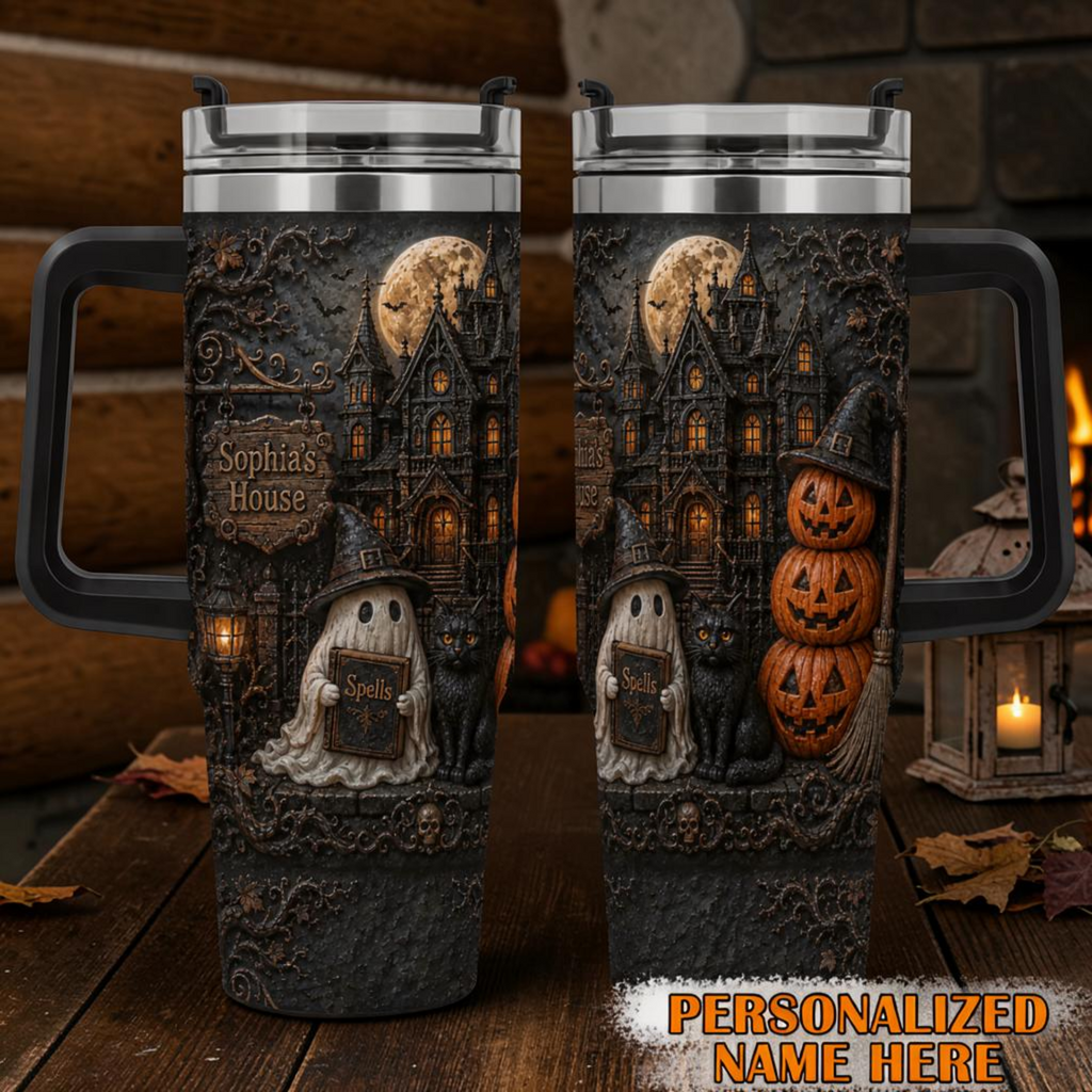 Personalized Haunted House Halloween Mug Gothic Ghost & Cat Cup