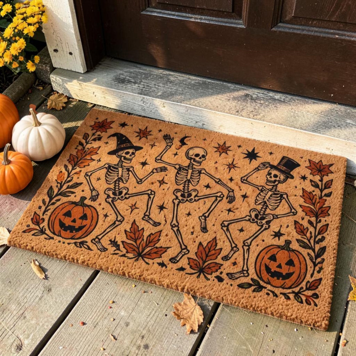Joyful Dancing Skeletons Autumn Leaves Fall Halloween Welcome Doormat