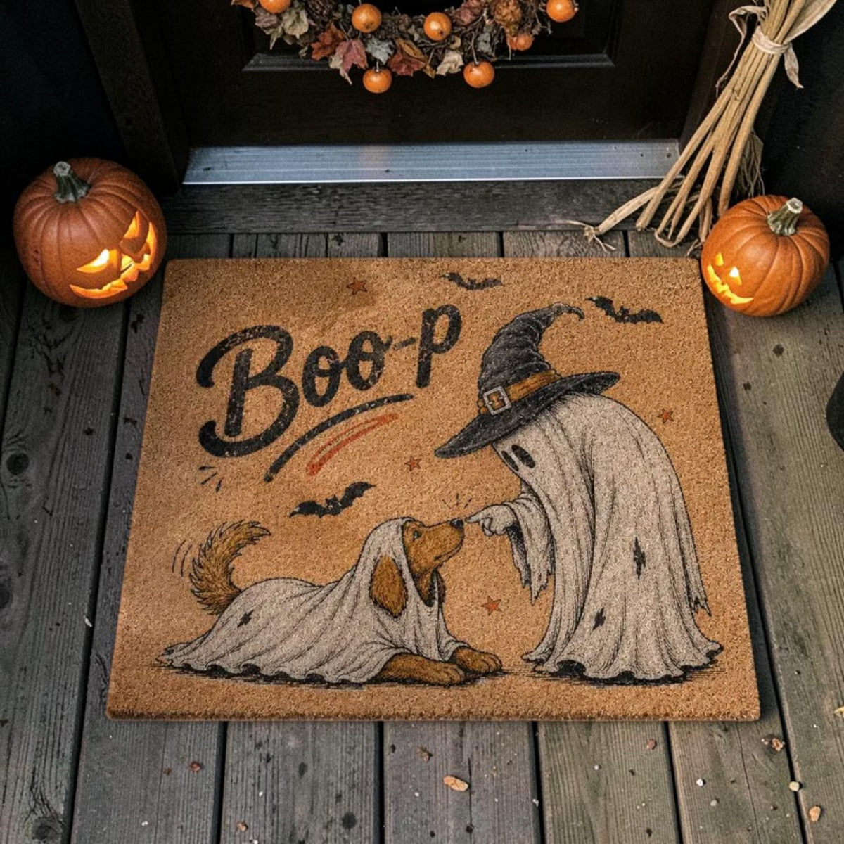Funny Ghost And Golden Retriever Dog Boop Halloween Doormat