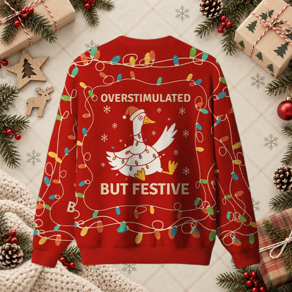 Overstimulated But Festive Tangled Goose Funny Ugly Christmas Sweater
