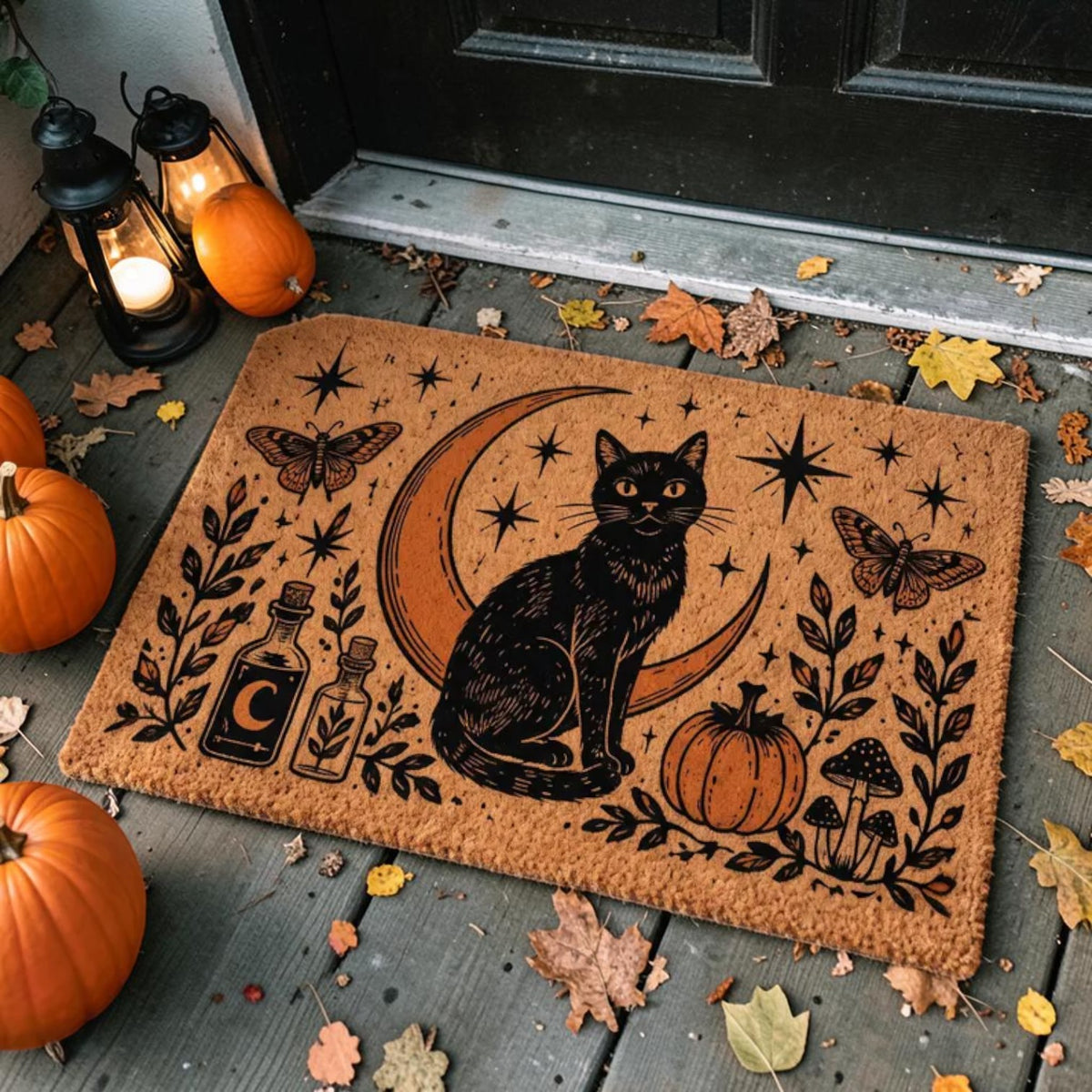 Mystical Black Cat Crescent Moon Witchy Fall Halloween Doormat