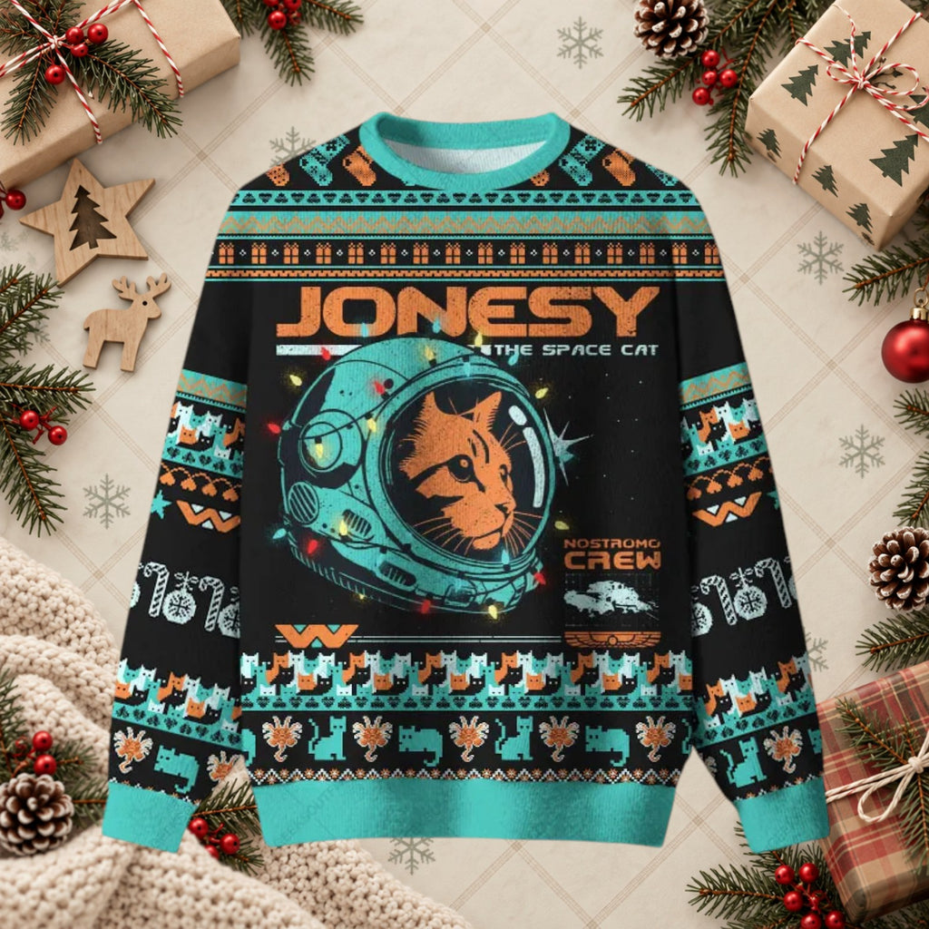 Jonesy The Space Cat Nostromo Crew Ugly Christmas Sweater - Sci-Fi Feline Holiday Apparel