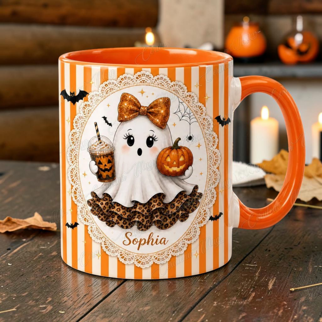 Personalized Coquette Ghost Mug Cute Leopard Print Halloween Cup