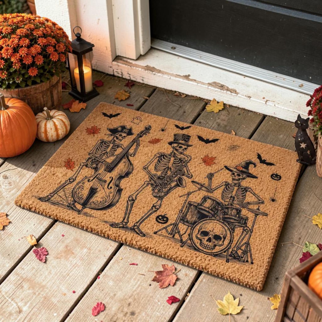 Spooky Skeleton Jazz Band Playing Music Halloween Welcome Doormat
