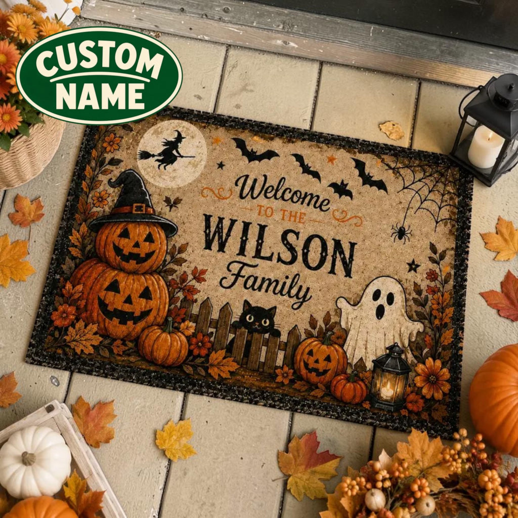 Personalized Family Name Welcome Halloween Pumpkins Ghost Doormat