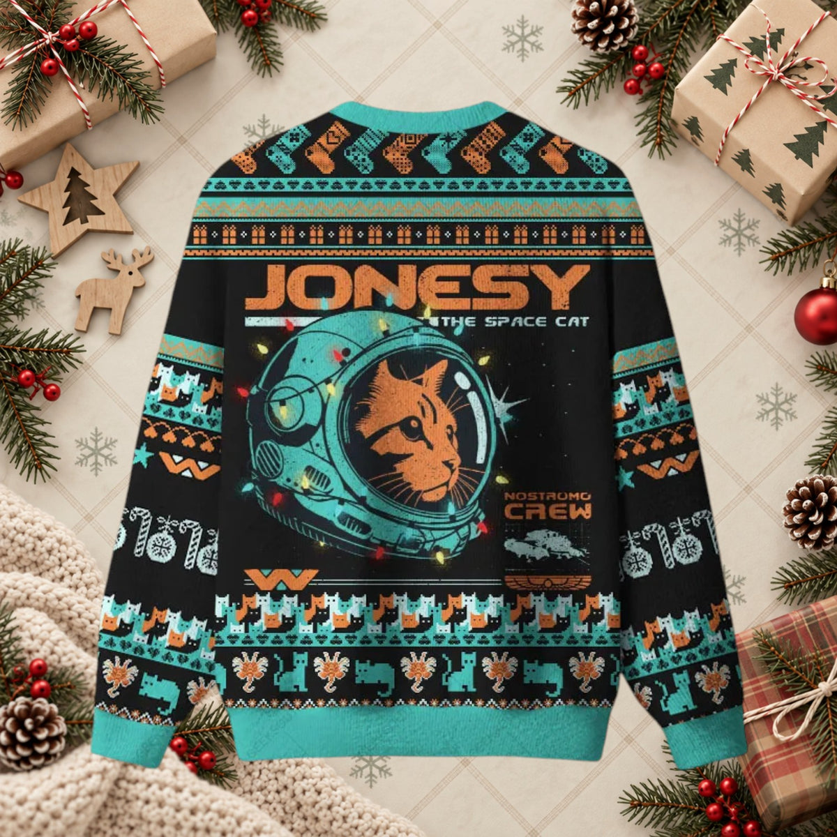 Jonesy The Space Cat Nostromo Crew Ugly Christmas Sweater - Sci-Fi Feline Holiday Apparel