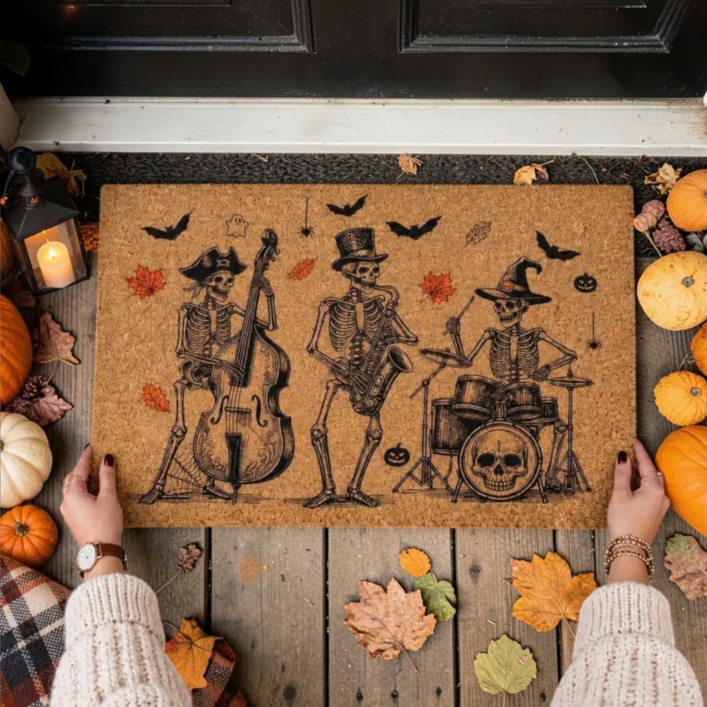 Spooky Skeleton Jazz Band Playing Music Halloween Welcome Doormat