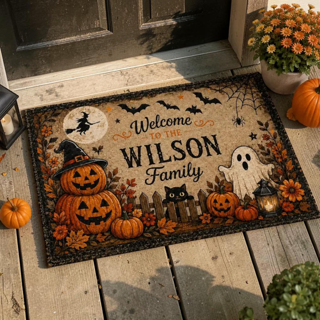 Personalized Family Name Welcome Halloween Pumpkins Ghost Doormat