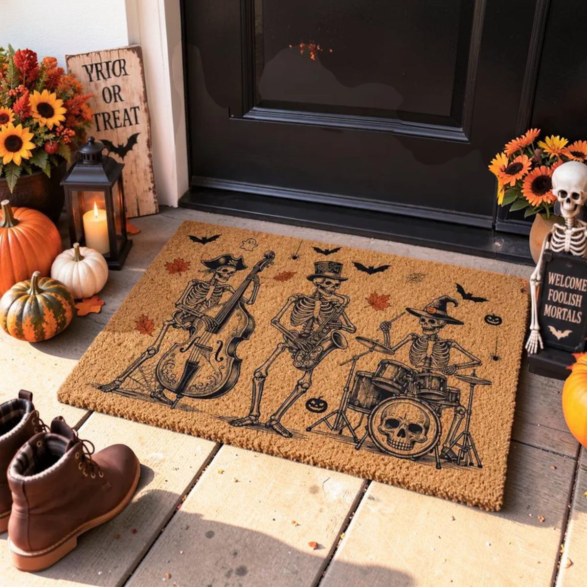 Spooky Skeleton Jazz Band Playing Music Halloween Welcome Doormat